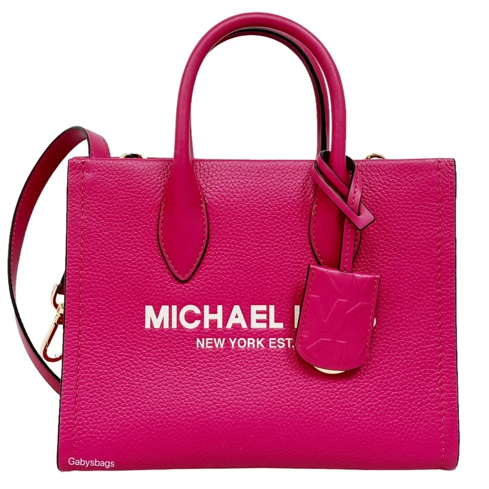 Michael Kors Mirella Small Shopper Top Zip Tote Crossbody Carmine Pink Leather